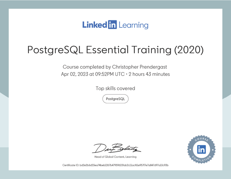 [PostgreSQL Essential Training (2020)](#postgresql-essential-training-2020)