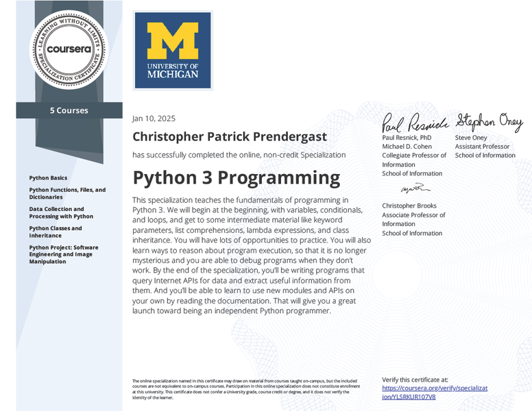 [Python 3 Programming Specialization](#python-3-programming-specialization)
